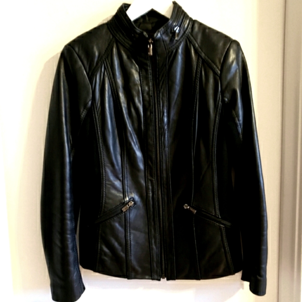 Jones New York Leather Dress Jacket Stretch Material Inside Arm Lined Woman Med